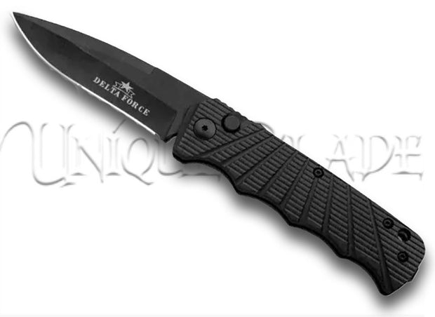 Delta Force Automatic Knife - Black Aluminum - Black Plain - Unleash tactical precision with this Delta Force automatic knife, featuring a sleek black aluminum handle and a sharp plain black blade.