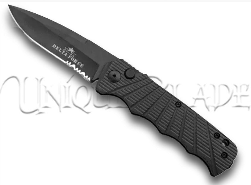Delta Force Automatic Knife - Black Aluminum - Black Partially Serrated - Equip yourself with precision and stealth using this Delta Force automatic knife, featuring a black aluminum handle and a partially serrated black blade.