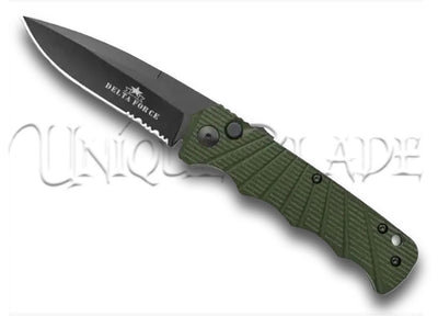 Delta Force Automatic Knife in OD Green Aluminum: Drop Point Design with Black Serrated Edge – Unleash Precision and Tactical Style.