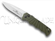 Delta Force Automatic Knife - Green Aluminum - Satin Plain - Conquer the terrain with style using this Delta Force automatic knife, featuring a green aluminum handle and a sharp satin plain blade for tactical precision.