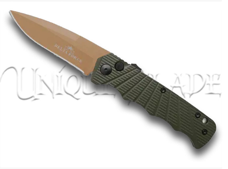 Delta Force Automatic Knife in OD Green Aluminum: Drop Point Design with Tan Plain Blade – Unleash Tactical Excellence and Style.