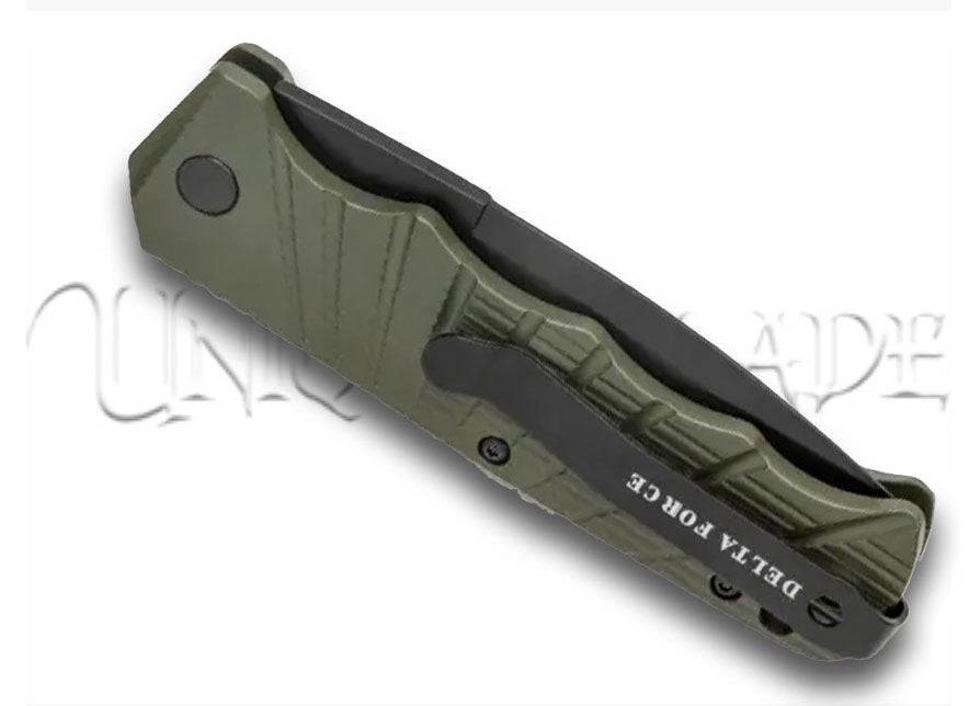 Delta Force Automatic Knife OD Green Aluminum Drop Point - Black Plain
