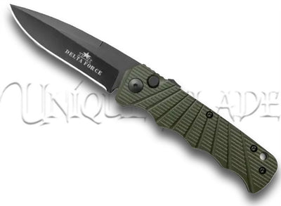 Delta Force Automatic Knife - OD Green Aluminum Drop Point - Black Plain - Dominate with tactical precision using this Delta Force automatic knife, featuring an OD green aluminum handle and a sharp black plain drop-point blade.