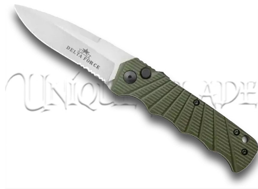 Delta Force Automatic Knife Green Aluminum - Satin Partially Serrated