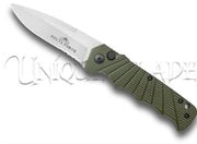 Delta Force Automatic Knife - Green Aluminum Handle, Satin Partially Serrated Blade - Tactical Precision in Green - This automatic knife boasts a green aluminum handle and a satin partially serrated blade for versatile and reliable use.