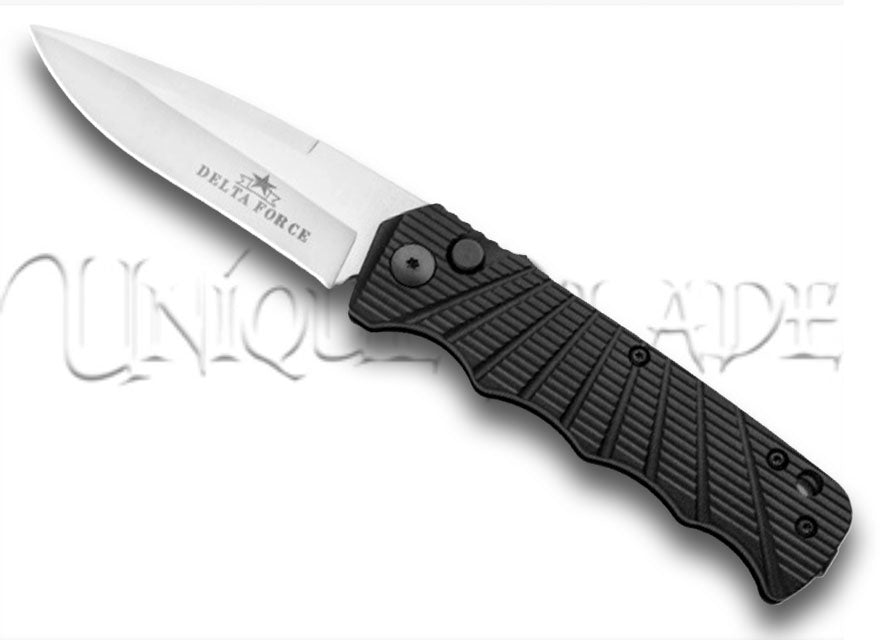 Delta Force Automatic Knife in Black Aluminum: Sleek Design, Satin Plain Blade – Unleash Precision and Style with Every Deployment.