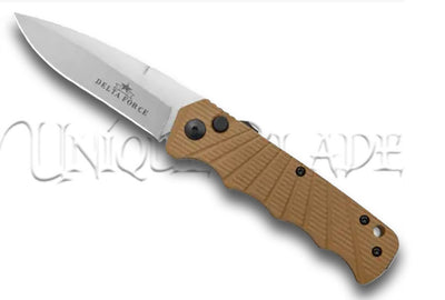 Delta Force Tan Automatic Knife: Satin Plain Blade for Precision and Versatility – Unleash Tactical Excellence with Style.