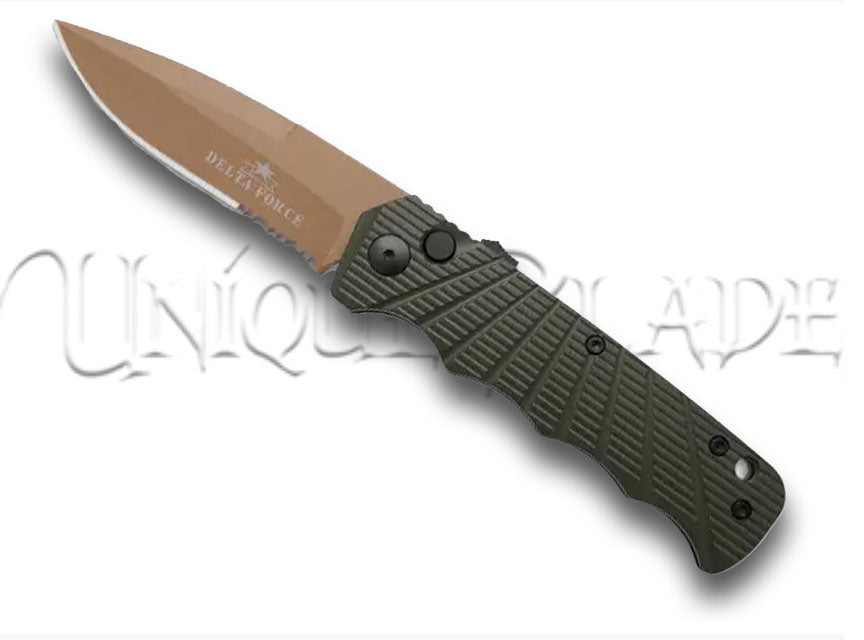Delta Force Automatic Knife: OD Green Aluminum Drop Point - Tan Serr - Navigate tactical challenges with this OD green automatic knife featuring an aluminum handle, drop-point blade, and a tan serrated edge from the Delta Force collection.