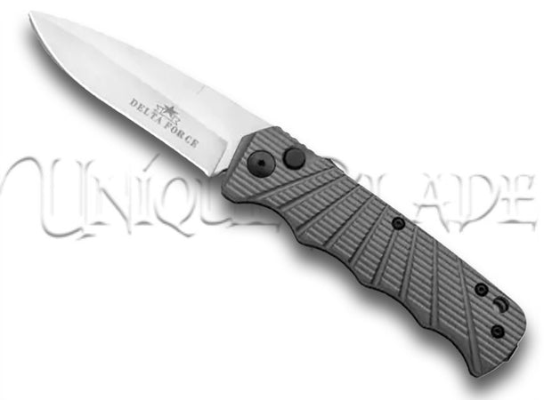 Delta Force Automatic Knife: Gray Aluminum - Satin Plain: Elevate your gear with this sleek and dependable automatic knife, featuring a satin plain blade and a stylish gray aluminum handle from the Delta Force collection.