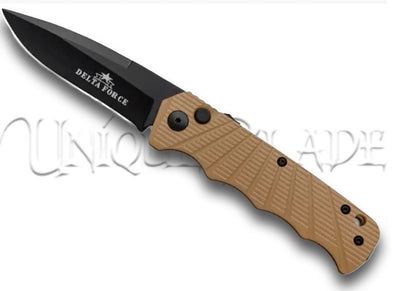 Delta Force Automatic Knife in Tan Aluminum: Black Plain Blade for Sleek Precision – Unleash Tactical Excellence with Style.