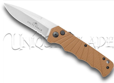 Delta Force Automatic Knife - Tan Aluminum - Satin Serrated - Command the elements with this Delta Force automatic knife, showcasing a tan aluminum handle and a versatile satin serrated blade for tactical excellence.