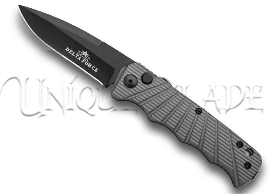 Delta Force Automatic Knife: Gray Aluminum - Black Plain - Navigate tactical challenges with this automatic knife featuring a gray aluminum handle and a sleek black plain blade from the Delta Force collection.