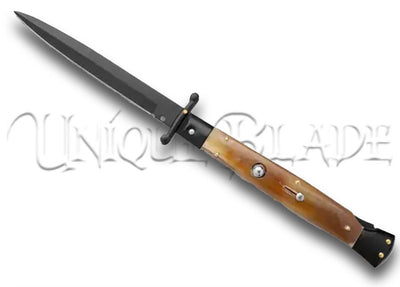 Frank B. 11" Italian Stiletto Swinguard Honey Horn Automatic Knife - Bayonet - Elevate your collection with this 11" stiletto swinguard automatic knife, featuring a honey horn handle and a classic bayonet blade for timeless style and precision.