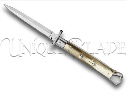 Frank B. 11" Italian Stiletto Swinguard Honey Horn Automatic Knife - Dagger - Immerse yourself in Italian elegance with this 11" stiletto swinguard automatic knife, featuring a honey horn handle and a classic dagger blade for a touch of sophistication and precision.