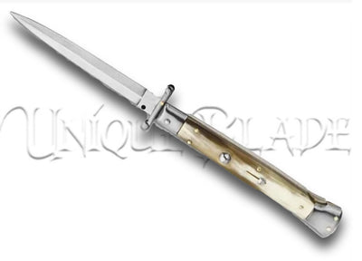 Frank B. 11" Italian Stiletto Swinguard Honey Horn Automatic Knife - Dagger - Immerse yourself in Italian elegance with this 11" stiletto swinguard automatic knife, featuring a honey horn handle and a classic dagger blade for a touch of sophistication and precision.