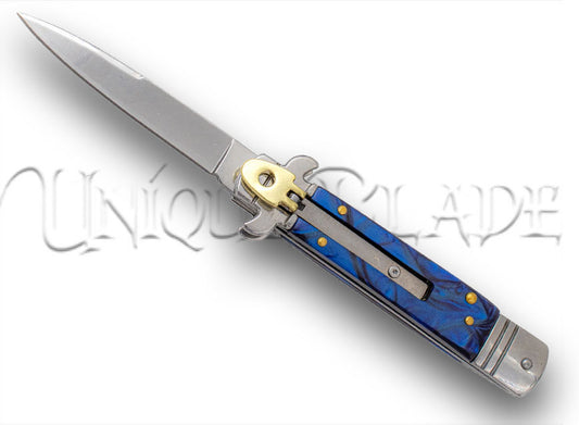 9" Italian Leverletto Stiletto Automatic Switchblade Knife - Blue - Striking Italian Elegance - This automatic stiletto knife features a vibrant blue handle, adding a touch of style to its classic design.