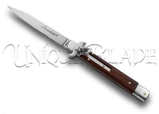 9" Italian Leverletto Stiletto Automatic Switchblade Knife - Cocobolo Wood Handle - Timeless craftsmanship meets modern convenience. This automatic stiletto features a rich Cocobolo Wood handle for a touch of natural elegance.
