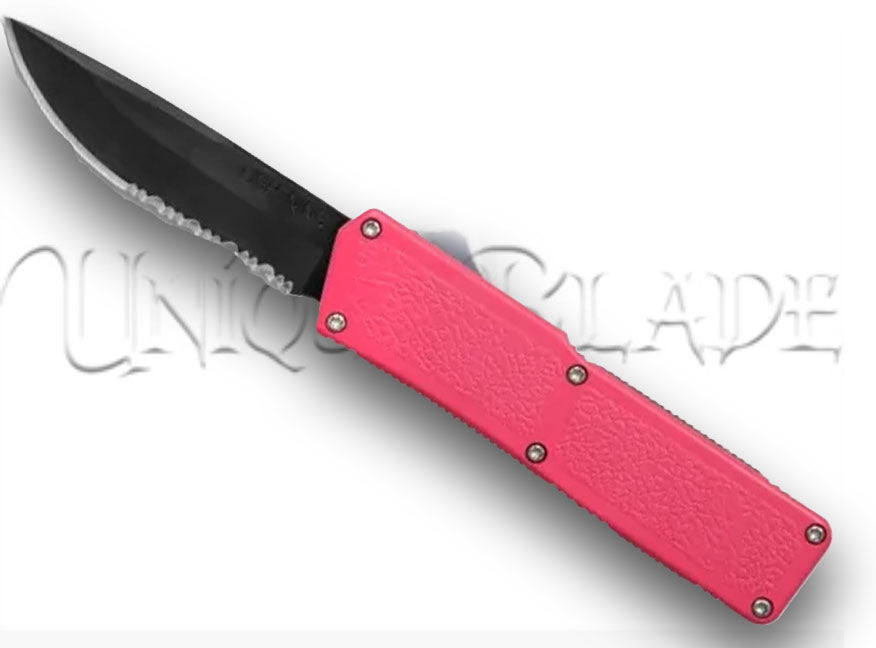 Lightning Pink OTF Automatic Knife - Black Serrated - Plain Blade: A striking OTF knife featuring a black serrated blade, seamlessly blending cutting-edge style with versatile functionality.