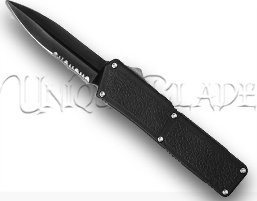 Lighting Out The Front Automatic Switchblade Knife All Black Serrated