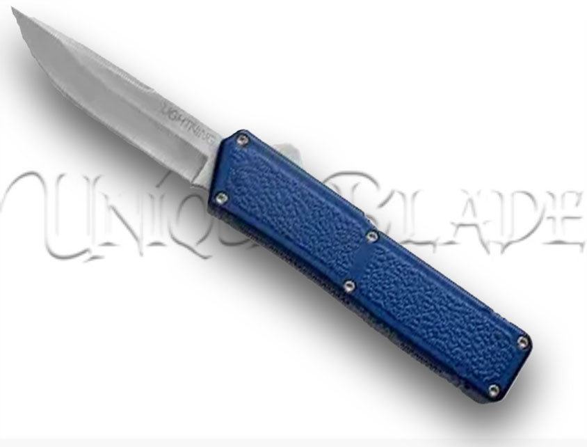 Lightning Blue OTF Automatic Knife - Satin - Plain Blade - Unleash precision with this stylish OTF knife featuring a satin-finished, razor-sharp plain blade.