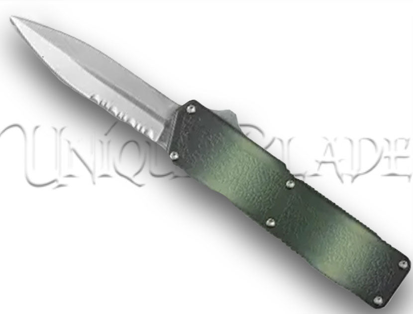 Lightning Camo OTF Automatic Knife - Satin Dagger - Serrated Blade - A rugged and versatile companion for tactical use, featuring a camo design and a serrated dagger blade for cutting through various materials with ease.