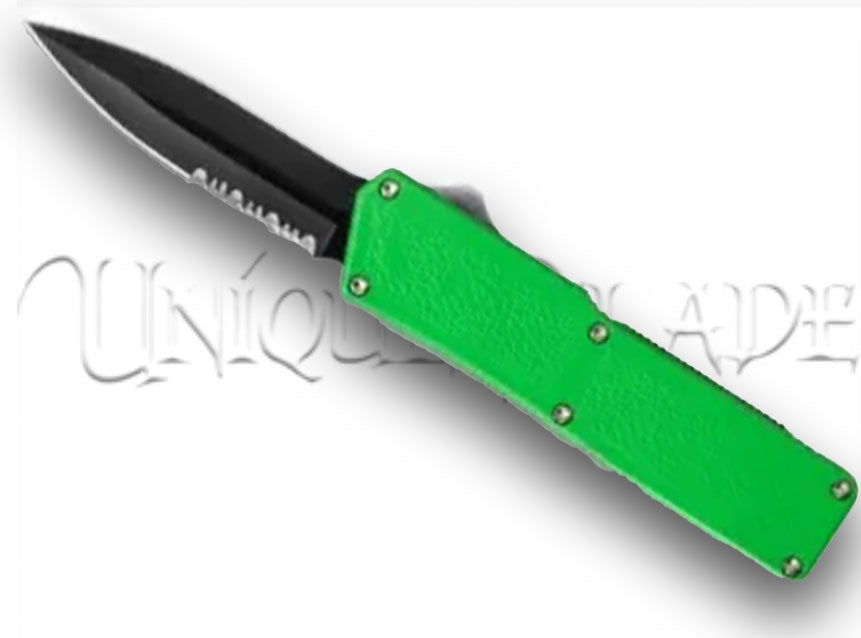 Lightning Green OTF Automatic Knife: Black Dagger, Serrated Blade – Unleash Precision and Style with Every Swift Deployment in Striking Green.