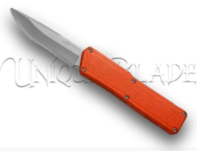 Lightning Orange OTF Automatic Knife - Satin - Plain Blade: Stand out with this vibrant orange OTF knife, featuring a sleek satin-finished plain blade for a perfect blend of style and functionality.