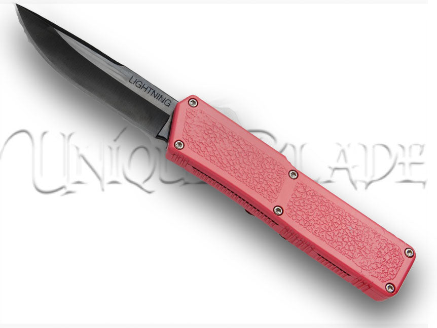 Lightning Pink OTF Automatic Knife - Black - Plain Blade: A vibrant and stylish OTF knife with a sleek black plain blade, combining functionality with a touch of color.
