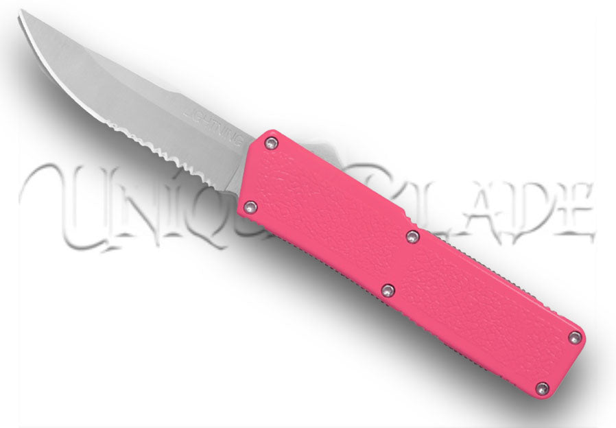 Lighting Pink OTF Automatic Knife - Satin Plain - Serrated Blade