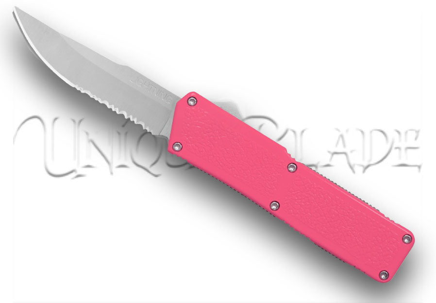 Lightning Pink OTF Automatic Knife: Chic and Functional Design with Satin Plain and Serrated Blade Options – Unleash Style and Precision with Every Cut.