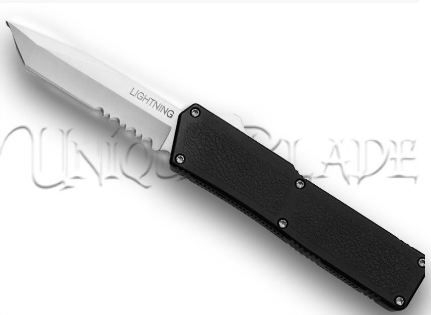 Lightning Black Tanto OTF Automatic Knife: Satin Serrated - Experience precision and cutting-edge style with this black out-the-front automatic knife, featuring a sleek satin serrated tanto blade from the Lightning collection.