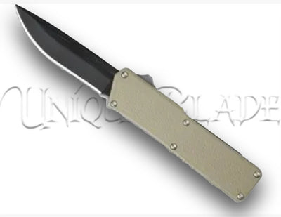 Lightning Tan OTF Automatic Knife - Black - Plain Blade: A tan-toned handle combined with a sharp black plain blade, delivering a distinctive look with cutting-edge precision.