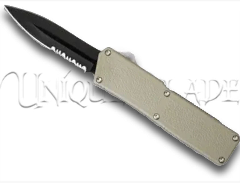 Lighting Tan OTF Automatic Knife - Black Dagger - Serrated Blade