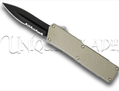 Lightning Tan OTF Automatic Knife - Black Dagger - Serrated Blade: A sleek tan handle and a black serrated dagger blade for a stylish and versatile automatic knife design.