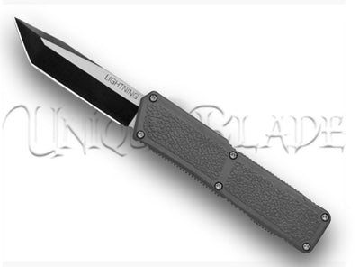 Lightning Gray OTF Automatic Knife featuring Two-Tone Tanto Blade - Striking design, dual-tone precision for a unique cutting experience.