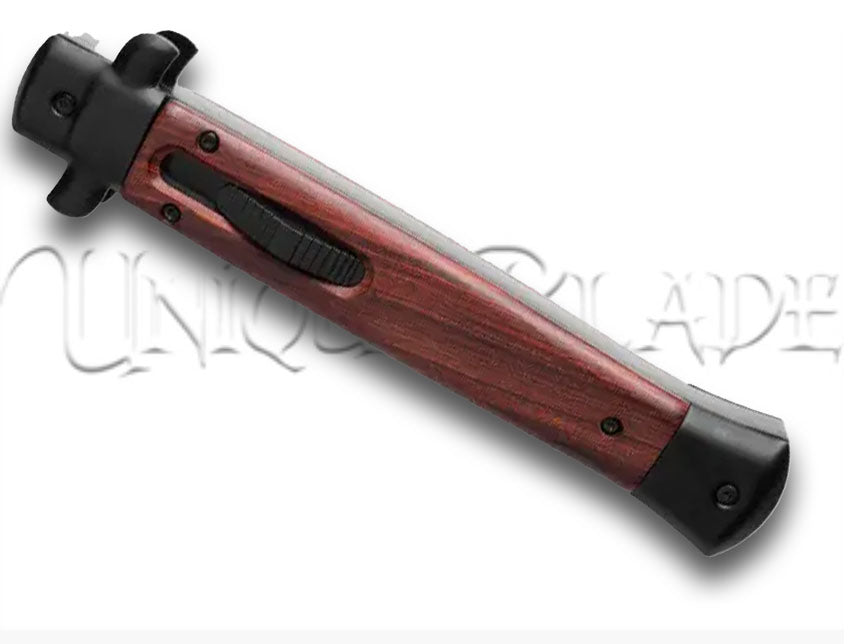 Mago 11" Wood/Black Italian Stiletto OTF Automatic Knife - Dagger Satin