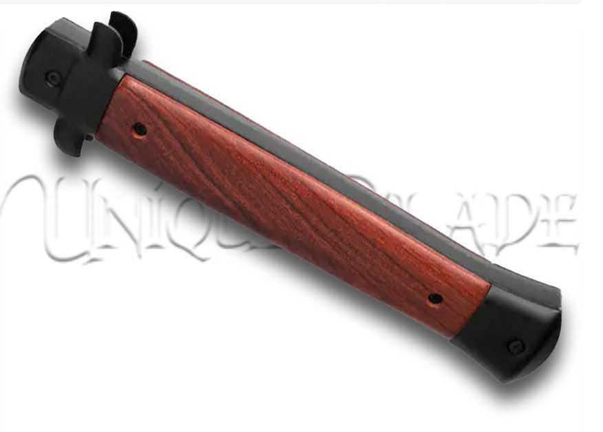 Mago 11" Wood/Black Italian Stiletto OTF Automatic Knife - Dagger Satin