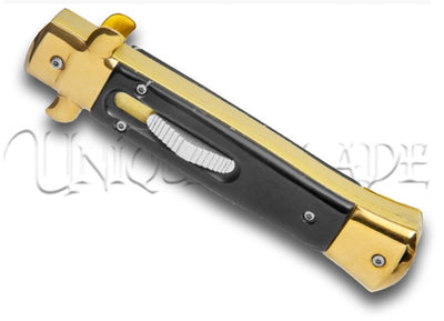 Mago 9" Black Acrylic Italian Stiletto OTF Automatic Knife - Gold Bayonet