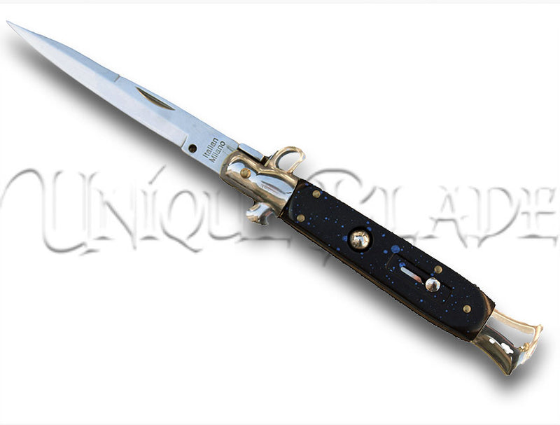 Milano Italian Style Switchblade Knife: Blue Sparkle Elegance – Unleash Italian Craftsmanship and Style in Every Swift Deployment.