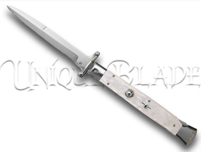 Frank B. 11" Italian Stiletto Swinguard Mother of Pearl Automatic Knife: Exquisite Elegance Meets Functionality in a Bayonet Blade – Elevate Your Collection with Italian Craftsmanship.