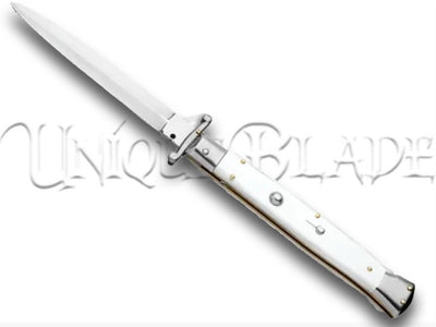 Frank B. 11" Pearlex Italian Stiletto Swinguard: Dagger Satin - Embrace timeless elegance with this 11" swinguard stiletto, featuring a Pearlex handle and a razor-sharp dagger satin blade in classic Italian style.