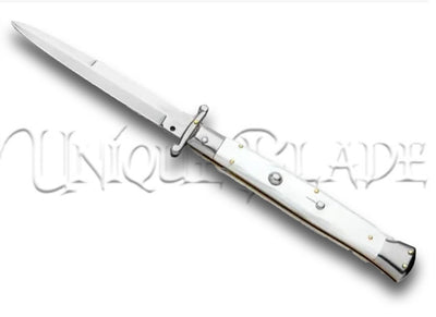 Frank B. 11" Pearlex Italian Stiletto Swinguard - Bayonet Satin - Elevate your collection with this 11" stiletto swinguard knife, featuring a pearlex handle and a sharp satin bayonet blade for timeless style and precision.