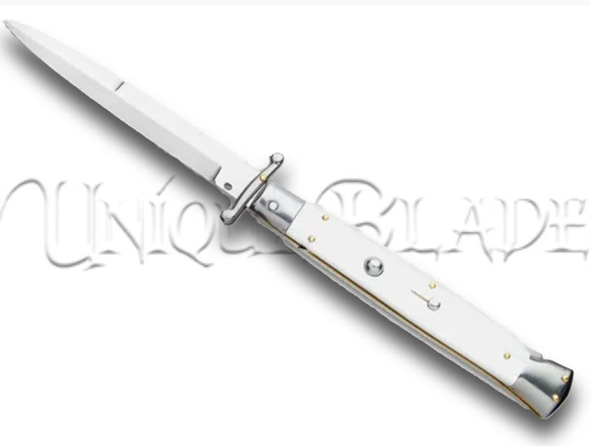 Frank B. 11" Italian White Pearlex Tactical Swinguard - Satin Bayonet - Equip yourself with style using this 11" tactical swinguard knife, featuring a white pearlex handle and a sharp satin bayonet blade for a blend of elegance and functionality.
