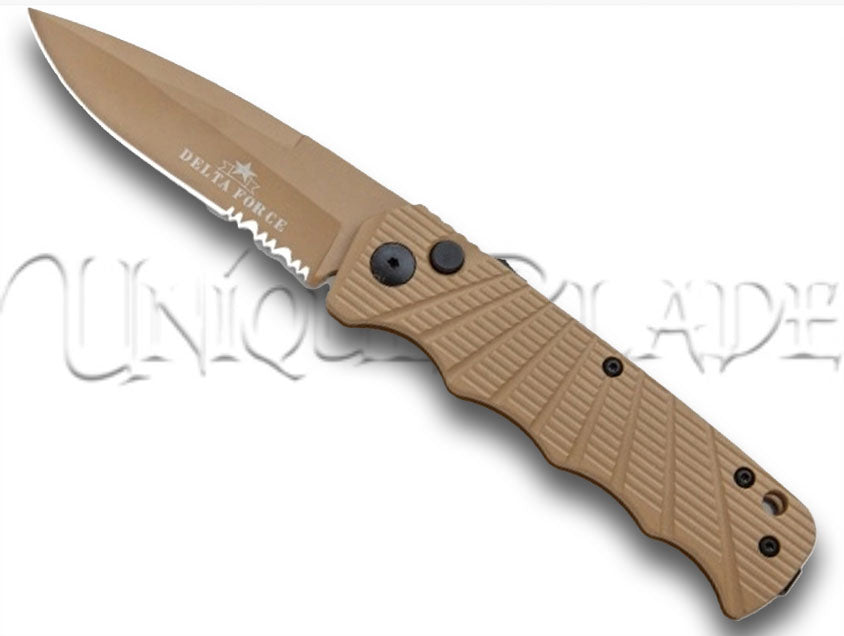 Delta Force Automatic Knife: Tan Aluminum - Tan Partially Serrated - Navigate tactical challenges with this automatic knife featuring a tan aluminum handle and a partially serrated blade from the Delta Force collection.