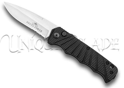 Delta Force Automatic Knife - Black Aluminum - Satin Partially Serrated - Navigate the shadows with this tactical marvel, featuring a black aluminum handle and a versatile satin partially serrated blade for ultimate cutting precision.
