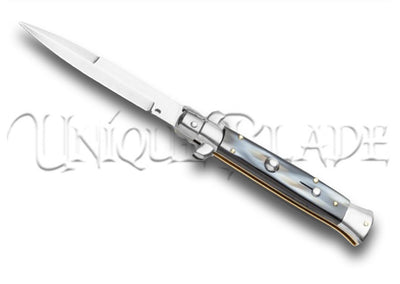 Frank B. 9" Italian Stiletto Sim Dark Horn Automatic Knife - Bayonet - Experience the allure of Italian design with this 9" stiletto automatic knife, featuring a simulated dark horn handle and a classic bayonet blade for a perfect blend of style and precision.