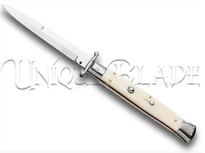 Frank B. 11" Sim Ivory Italian Stiletto Swinguard Automatic Knife - Bayo Satin - Indulge in Italian elegance with this 11" stiletto swinguard automatic knife, featuring a simulated ivory handle and a sharp satin bayonet blade for a touch of sophistication and precision.