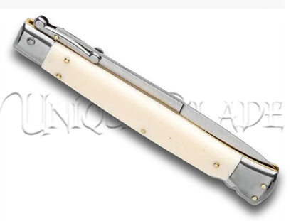 Frank B. 11" Sim Ivory Italian Stiletto Swinguard Automatic Knife - Bayo Satin