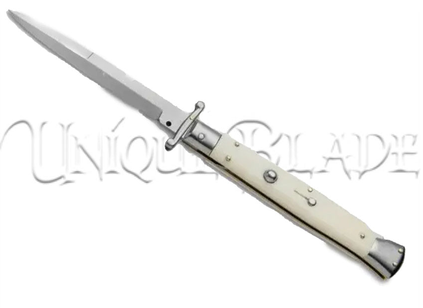 Frank B. 11" Italian Stiletto Swinguard Sim Ivory Automatic Knife: Classic Bayonet Design with Simulated Ivory Handle – Elevate Your Collection with Italian Craftsmanship.