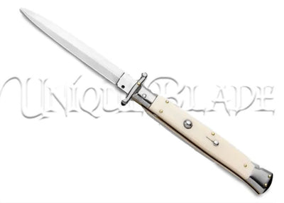 Frank B. 11" Sim Ivory Italian Stiletto Swinguard - Dagger Satin - Elevate your collection with this 11" stiletto swinguard knife, featuring a simulated ivory handle and a sharp satin dagger blade for timeless style and precision.